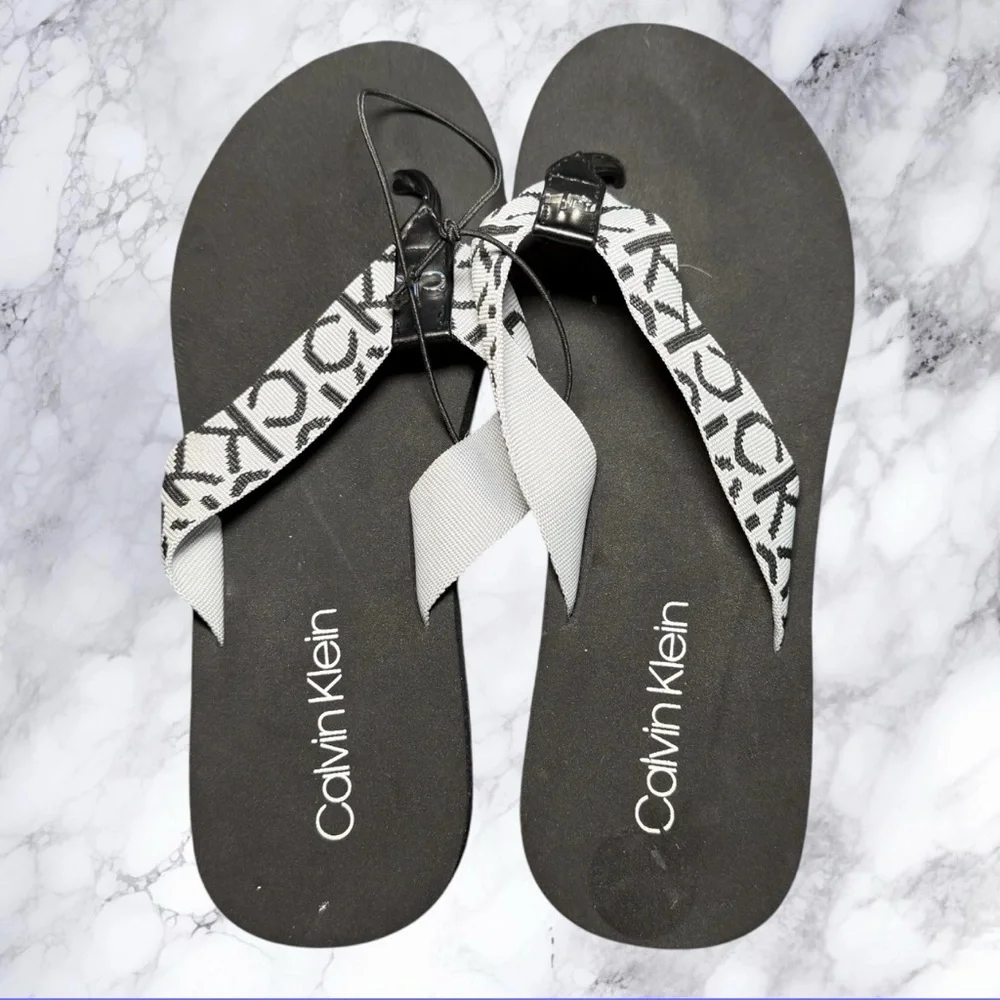 Calvin Klein‎ Logo Flip Flops Size 6 Black White CK Monogram Sandals New